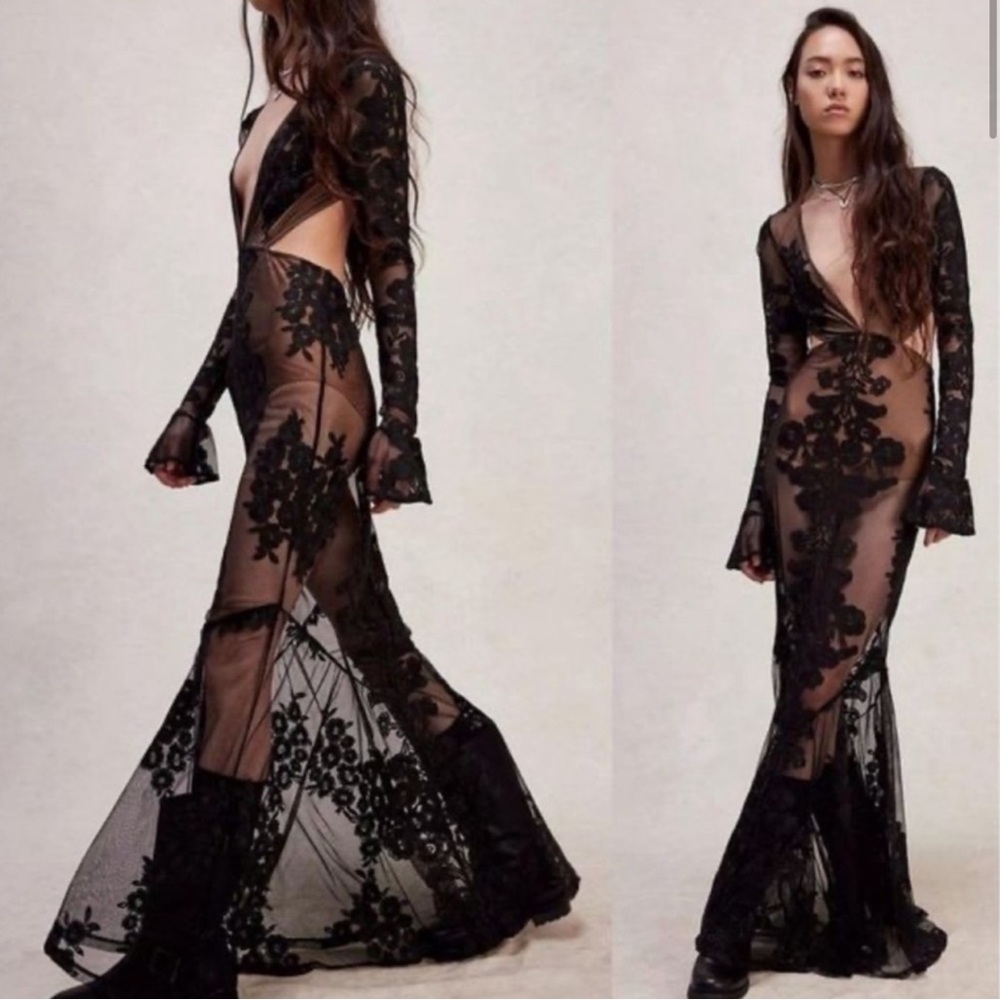 For Love & Lemons Temecula Black Floral Embroidered Lace Open Back Maxi Dress L